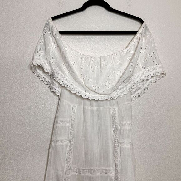 Free People Off Shoulder Dress Medium Ivory Cottagecore Prairie Indie Midi Eyele - Picture 3 of 15